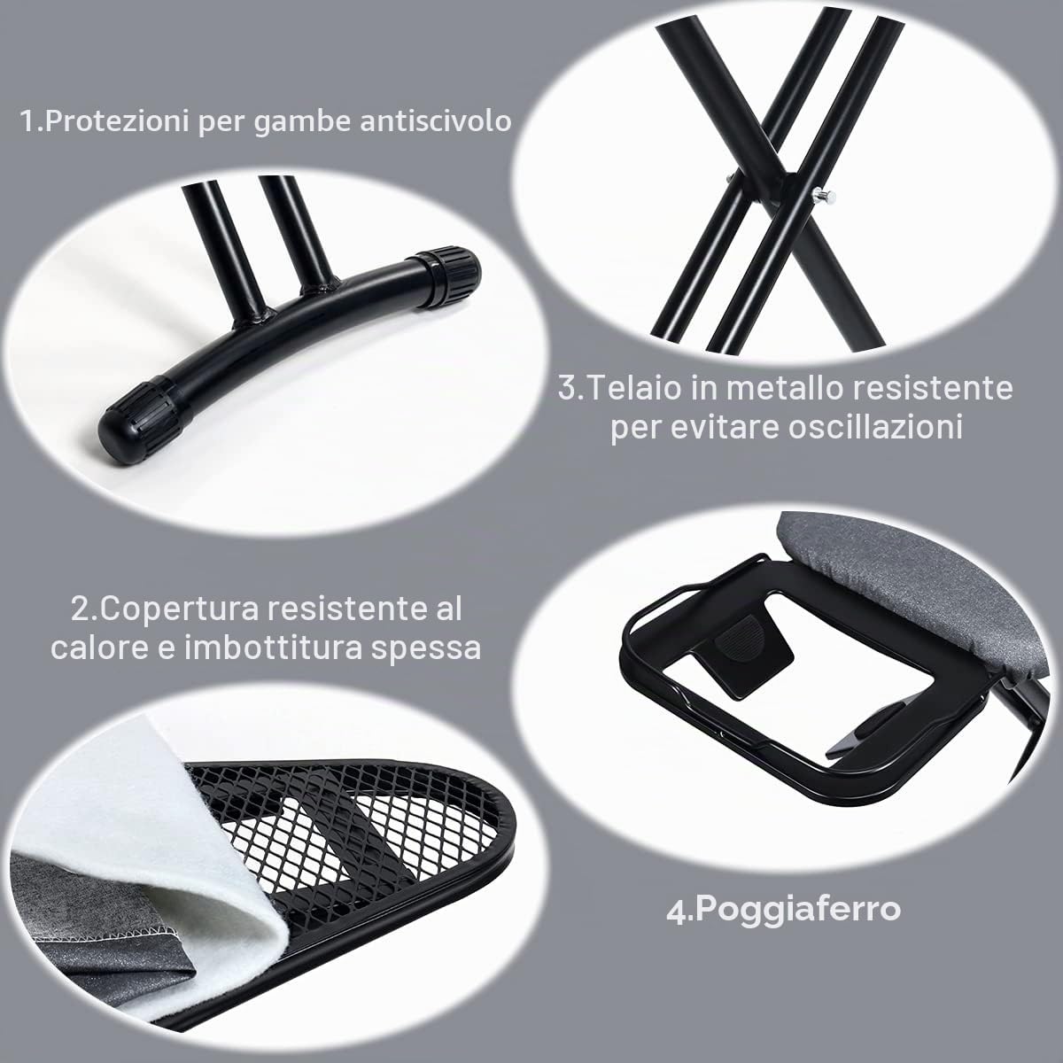 Duwee Asse da Stiro Compatta con Copertura Resistente al Calo, Asse da Stiro Pieghevole con Appoggio per Ferro, Altezza Regolabile, Gambe Robuste, Nero, 33 x 96 cm