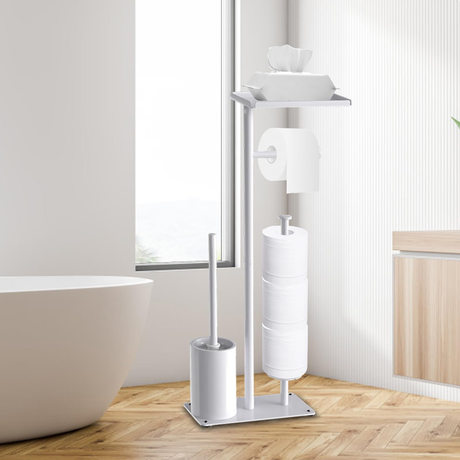 Portarrollos para Papel Higiénico, 59CM Soporte para Papel Higiénico De Pie De Metal con Estante Superior con Escobilla para Baño Y Hogar con Capacidad para 3 Rollos De Repuesto
