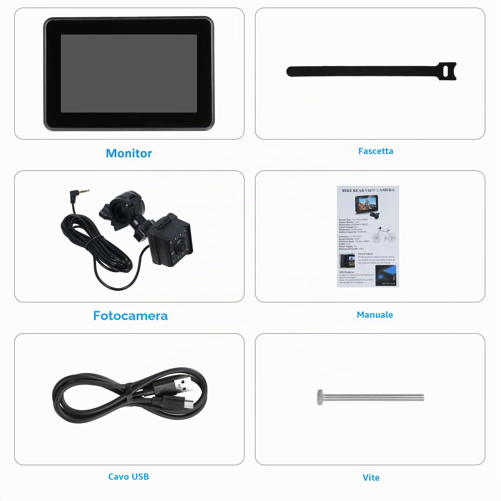Shkalacar Telecamera Posteriore per Bicicletta 1080P con Monitor da 4,3'', Visione Notturna a 8 LED, Ampio Angolo di visuale di 150°, Staffa Girevole, Compatibile con Mountain Bike, Bici da Strada