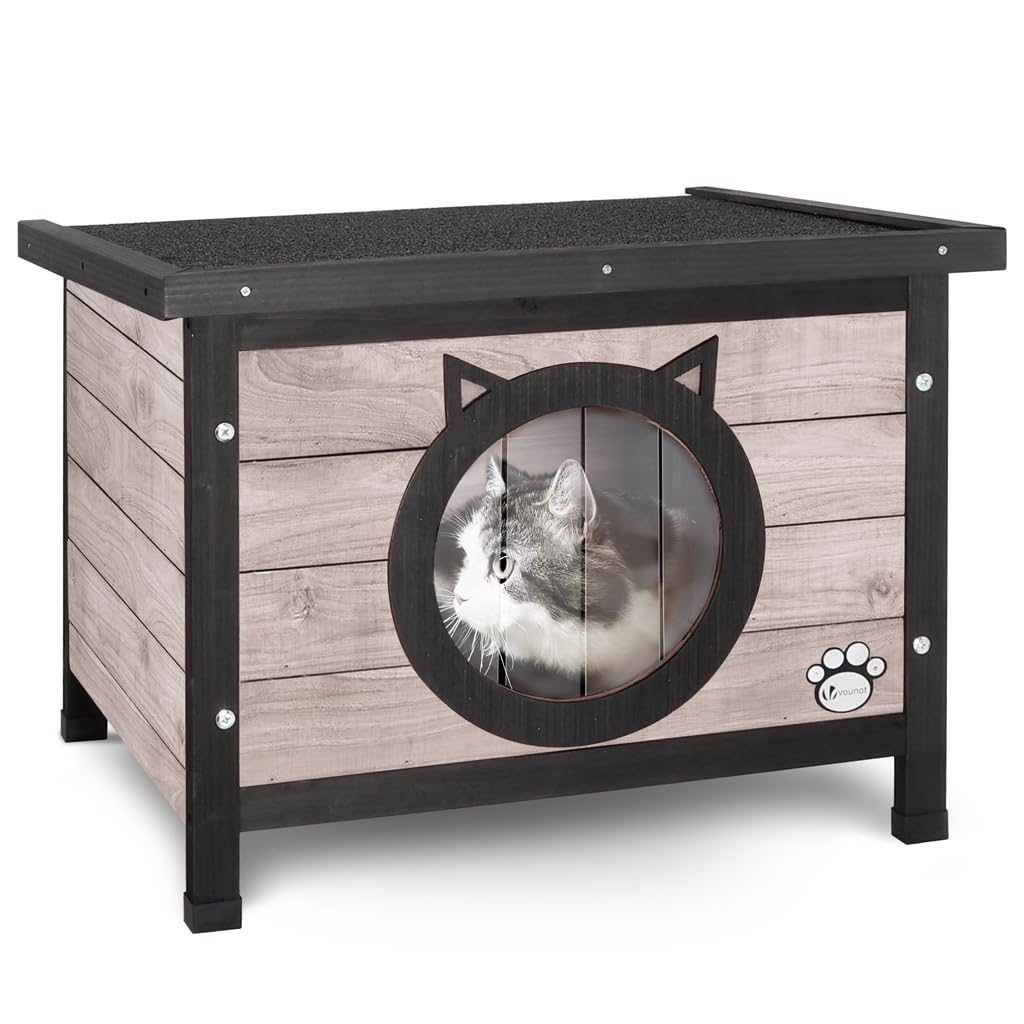 VOUNOT Casa para Gatos de Madera con Techo Asfáltico y Puerta en Forma de Oreja Listones de PVC, Cabaña Mascotas Caseta Pequeña de Gatos 57x45x43cm, Gris