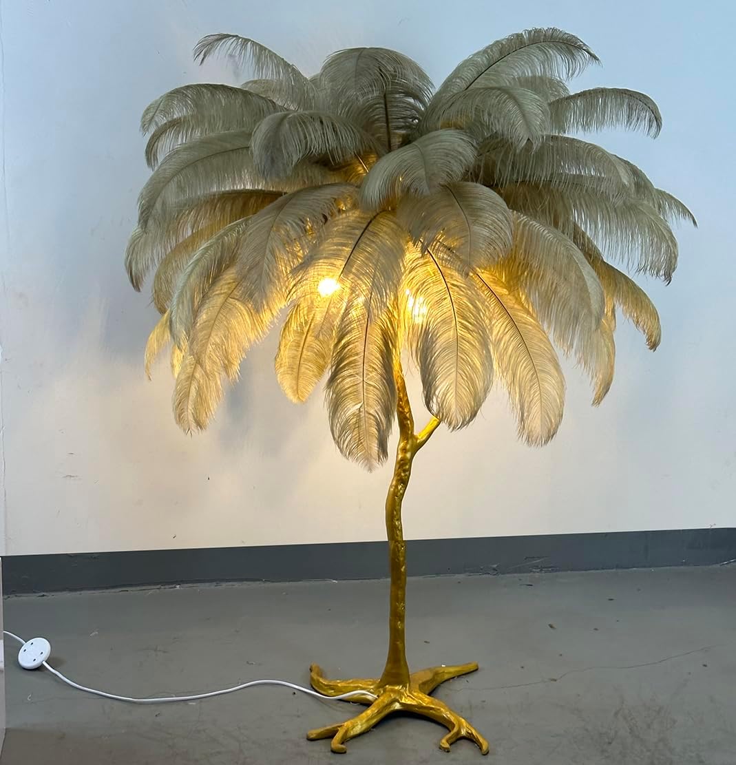 Ostrich Feather lamp,Resin Feather lamp with Natural Ostrich Feathers (Contains Light Sources) Have Footswitch Dimmable Floor Lamp (60x60cm(23×23inch),Camel)