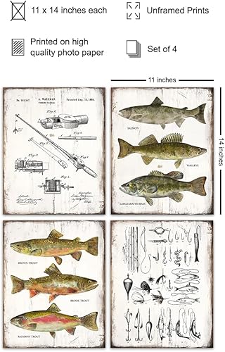 Miniatura 2 de GRANDE 11x14 - Regalos de Accesorios de Pesca - Juego de Impresión de Patente de Caña, Carrete, Señuelos - Decoración de Casa de Montaña y Lago