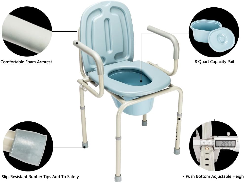 OMECAL 450lbs Drop Arm Medical Bedside Commode Chair, Homecare Toilet Seat with Safety Steel Frame, 8 Quart Capacity Pail, Adjustable Height Support Tool-Free Assembly : Health & Household
