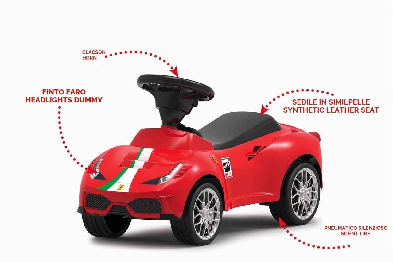 JAMARA 460604 – Rutscher Ferrari 488 GTE – Clacson sul volante, effetto fedele all'originale, protezione antiribaltamento, sedile in similpelle, rosso