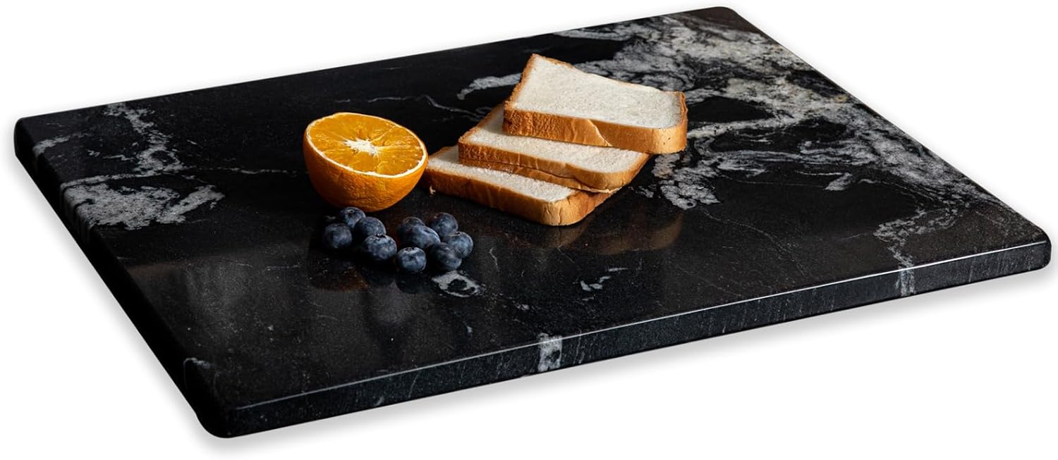 Diflart Natural Marble Stone Cutting Board for Kitchen, 16x20 Inch, Black, Marble Slab Pastry Board Large with Non-Slip Feet for Cheese, Charcuterie, Dough Chocolate, Pack of 1 Piece 20"L x 16"W Black with White Veins