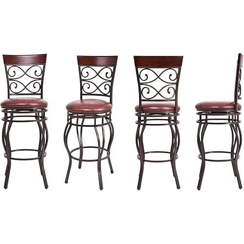 Safeplus 30 Inches Counter Height Bar Stools Set of 4, 360 Degree Swivel Retro Tall Metal Barstools with Leather Padded Seat and Back for Bistro Dining Kitchen Room Pub Vintage Chairs