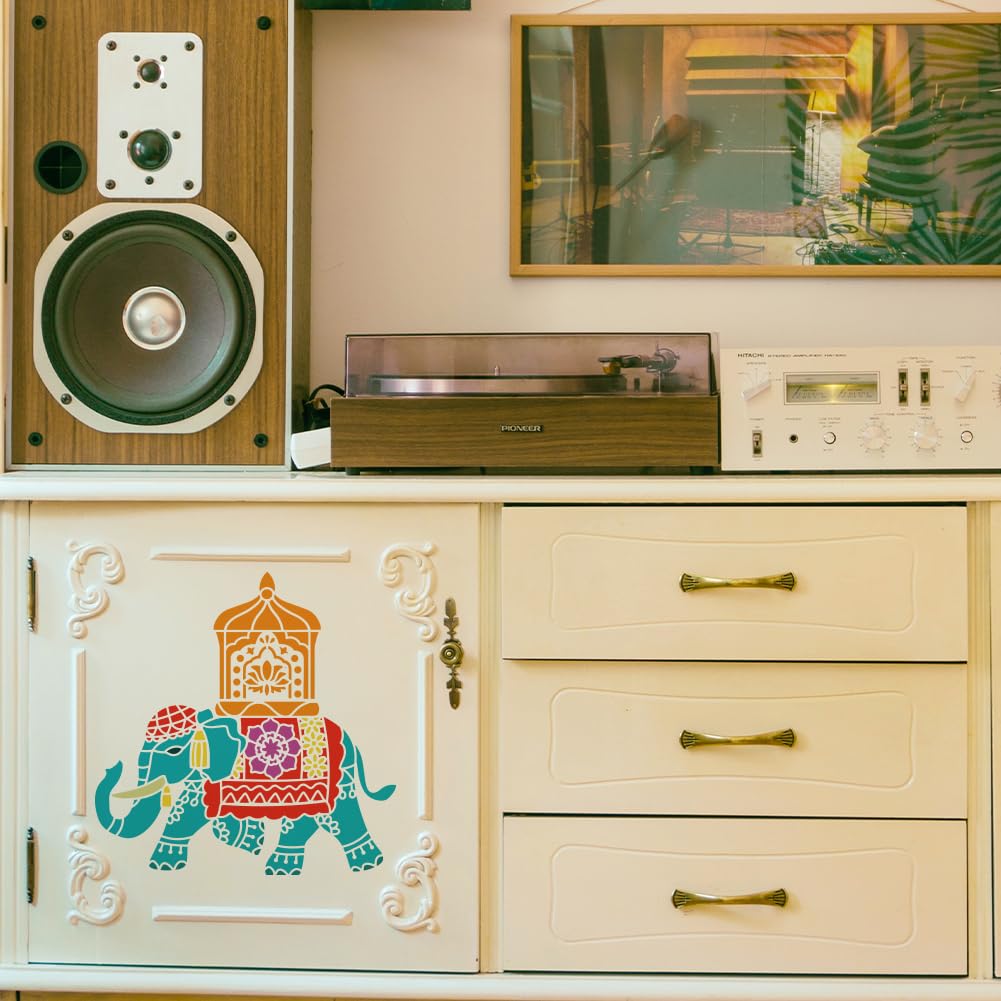 インド風装飾象 フレーム付き インド絵画 11x12インチ インド風装飾象