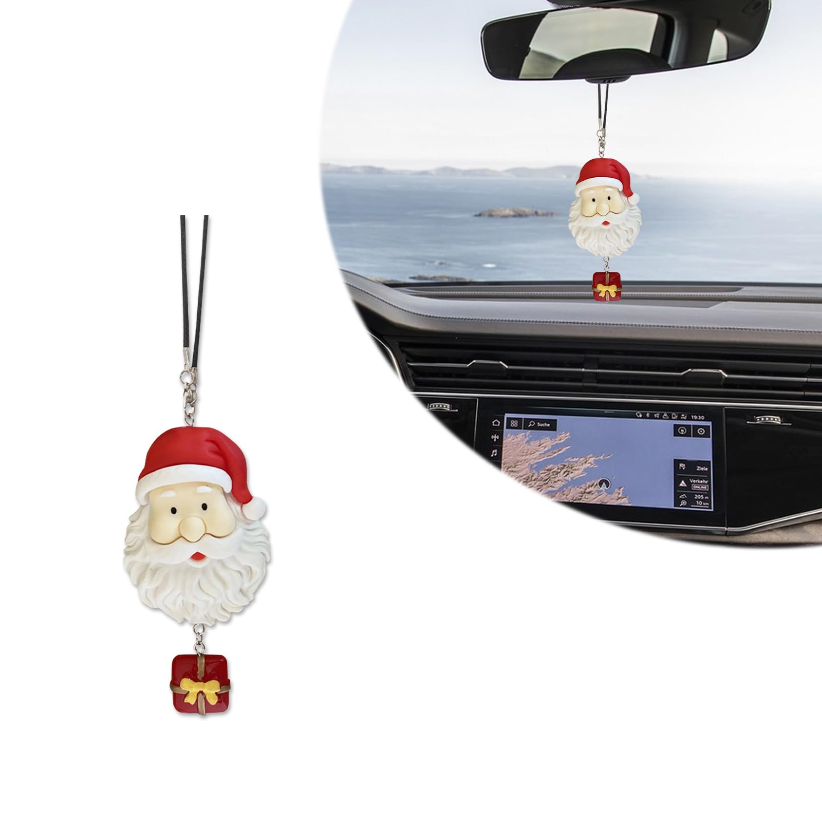 QODOLSI 1 PC Car Interior Rearview Mirror Christmas Ornament, 1.8" x 4" Santa Claus Head Cartoon Cute Holiday Atmosphere Decoration, Mini Happy Swing Pendant, Universal Car Accessory (Multicolored)