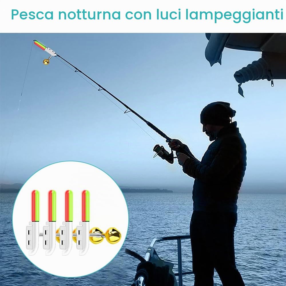 Set di 4 luci a LED per la pesca, indicatore di abboccato da pesca, con fibbia, campanello di allarme di pesca, barre luminose a LED, con caricatore e batteria per la pesca all'aperto