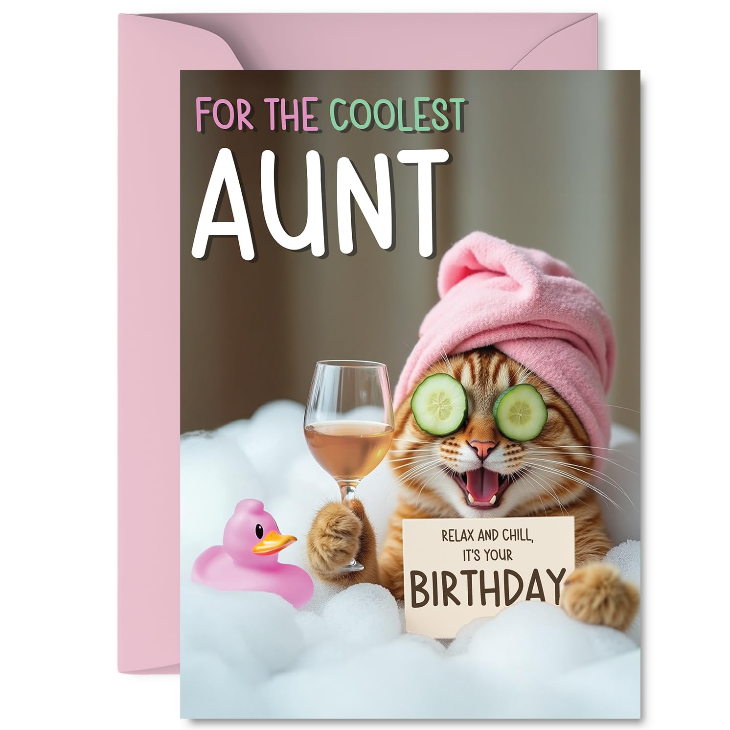 Aunt Birthday Card - Relaxing Bath Cat - Happy Birthday Card for Aunt from Nephew Niece, A5 Joke Humour Bday Greeting Cards