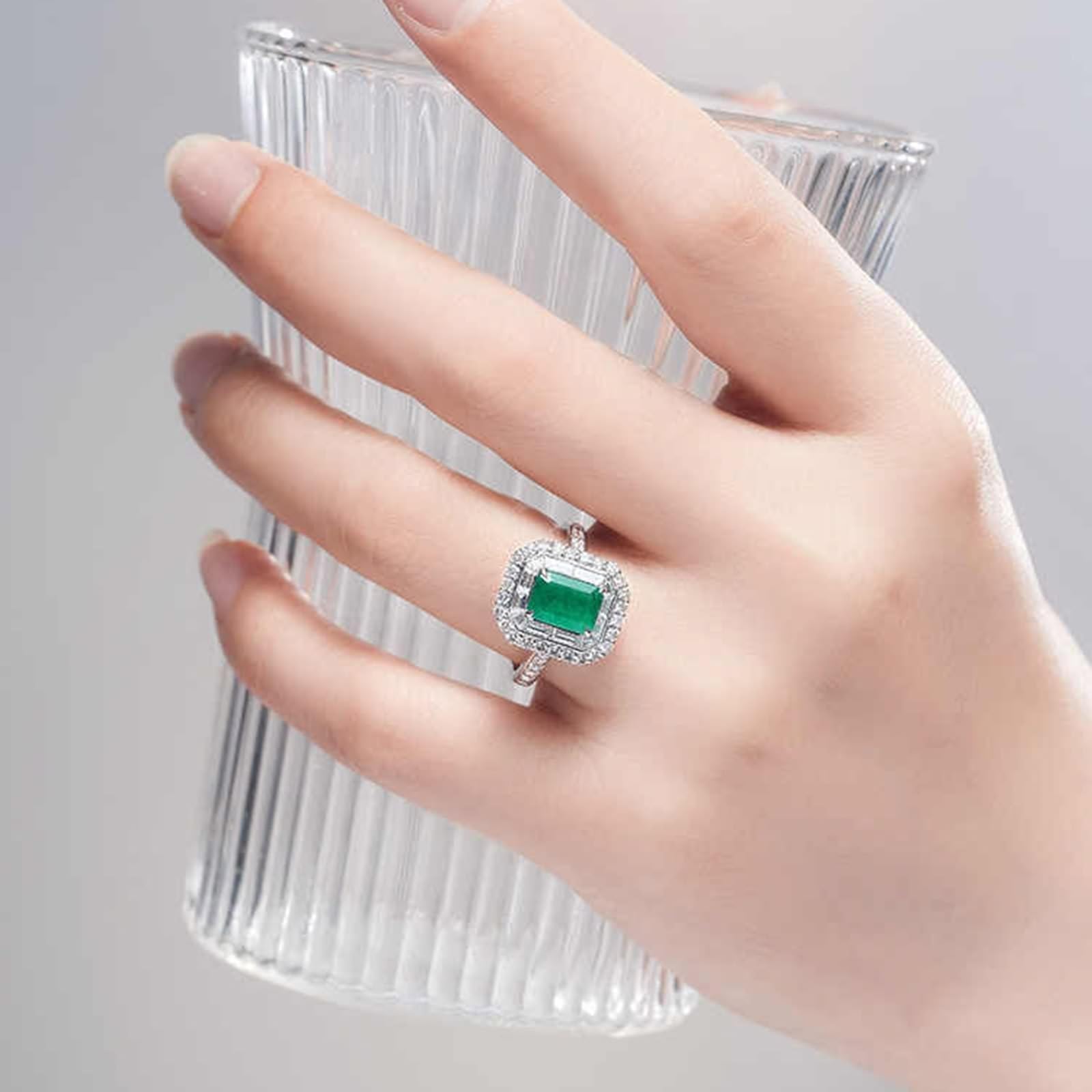 Epinki Pierścionek zaręczynowy 9K/14K/18K białe złoto, klasyczny pierścionek szmaragd (szlif prostokątny, zielony), pierścionek z moissanit Gold Au750/ 585/375 prawdziwa biżuteria, rozm. 47-70