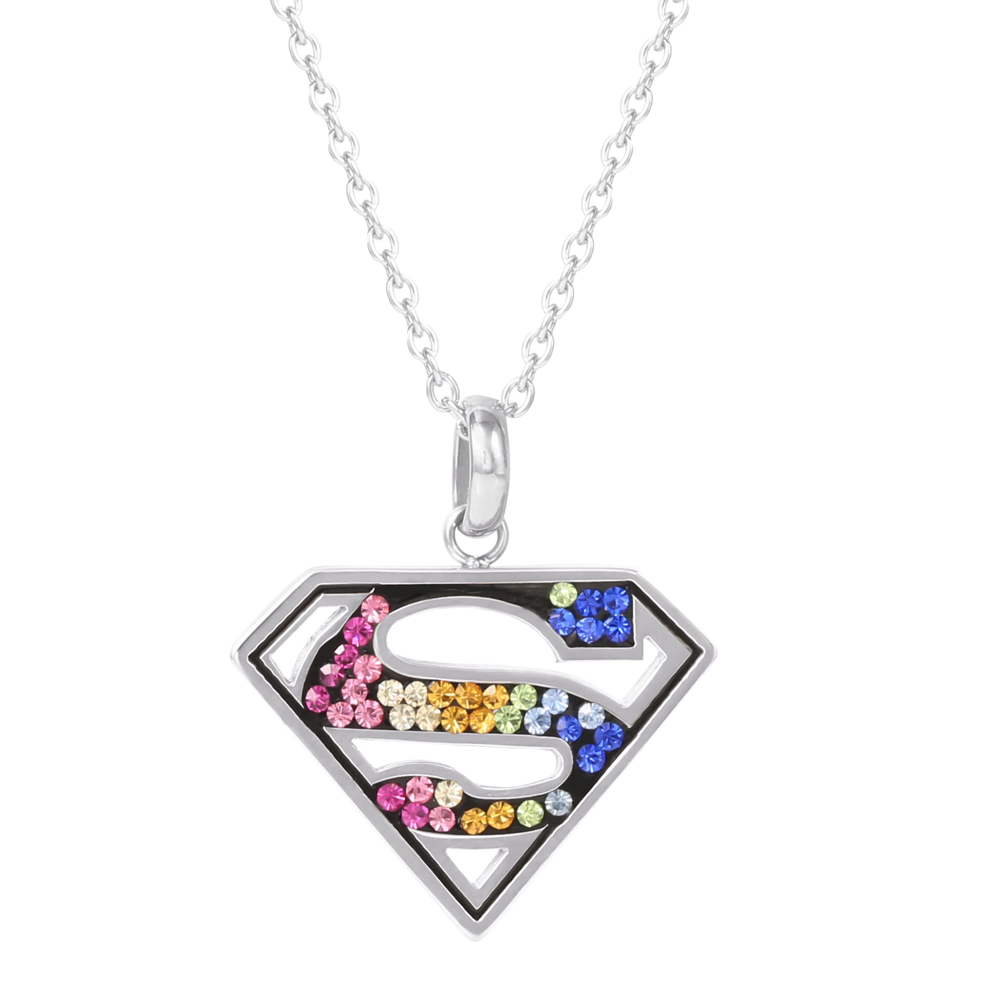 DC Comics Superman Necklace for Women 18" Official License, Stainless Steel Superman Pendant Necklace with Rainbow Crystals