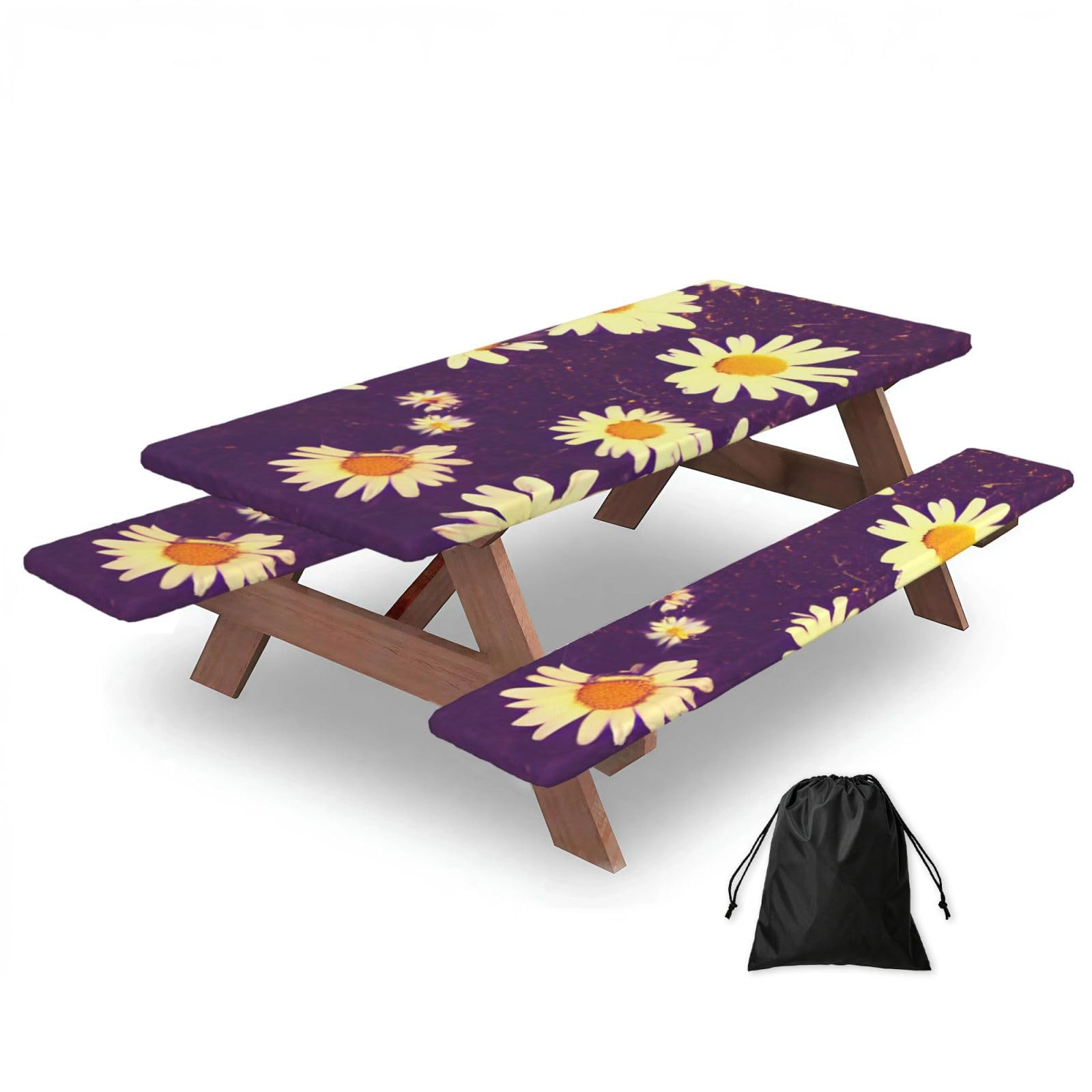 AYYQWE Daisy Purple Flowers Print Picnic Table Bench Cover Outdoor Garden Party Decor Daily Accessory Gift