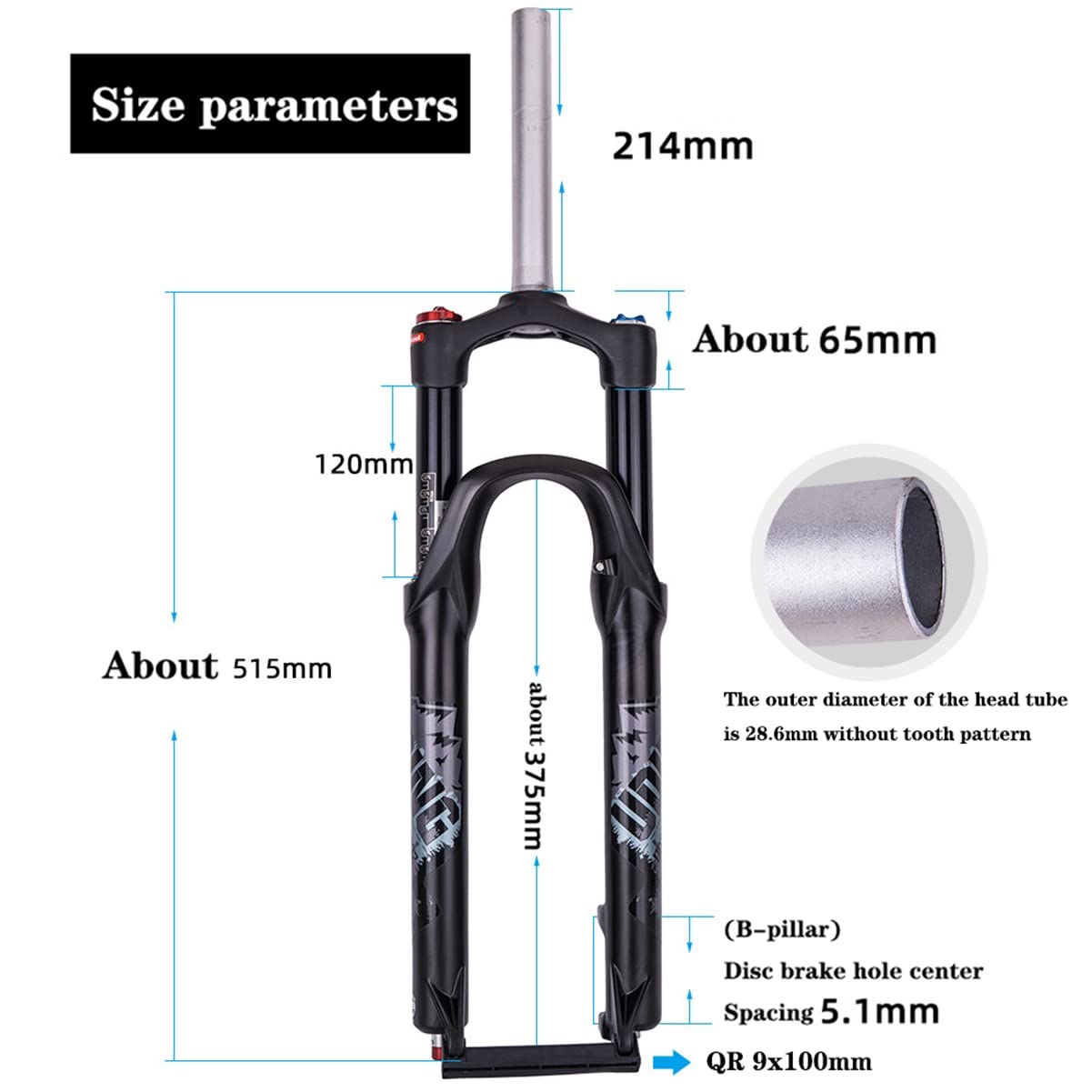 MTB-Gabel Fahrrad-Federgabel, 26/27,5 Zoll 28,6mm Gerade Rohr Mountainbike Gabel 9mm Federweg 120mm Air Vorderradgabel Manuelle Verriegelung Rebound Einstellen