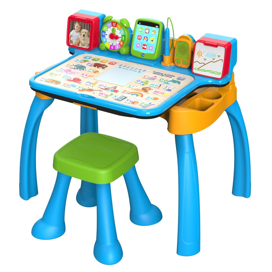 VTech - Escritorio Multiactividades 6 en 1 ¡CREA y Aprende! Centro Educativo Interactivo, Juguete Niños +3 Años, Pizarra, Música, Bloc de Notas, Tablet y Taburete, Letras, Números, Versión ESP