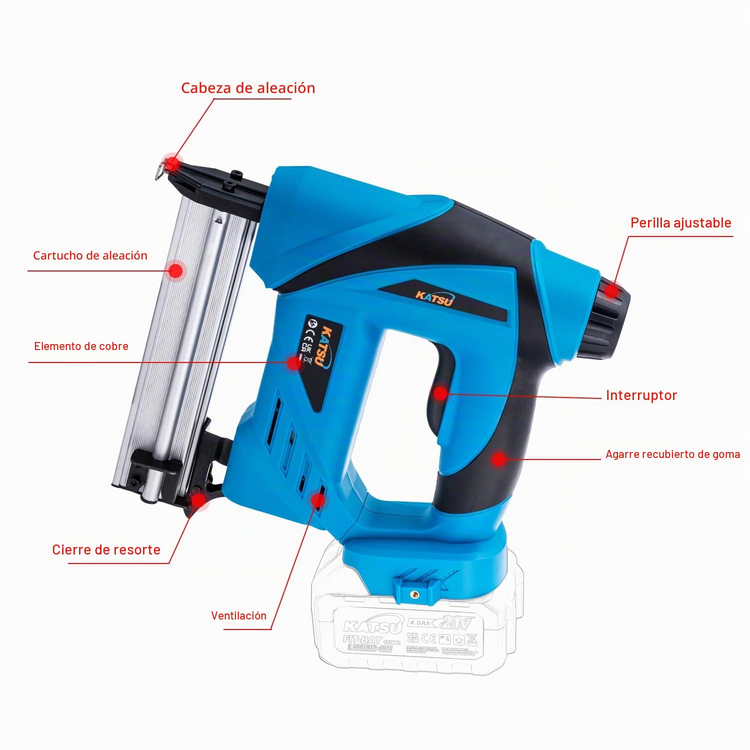 KATSU Pistola de Clavos Inalámbrica FIT-BAT 21V, Clavadora y Grapadora 2 en 1, 35 Disparos por Minuto, para Tapicería, Carpintería y Proyectos de Carpintería (Batería no incluida) 102433