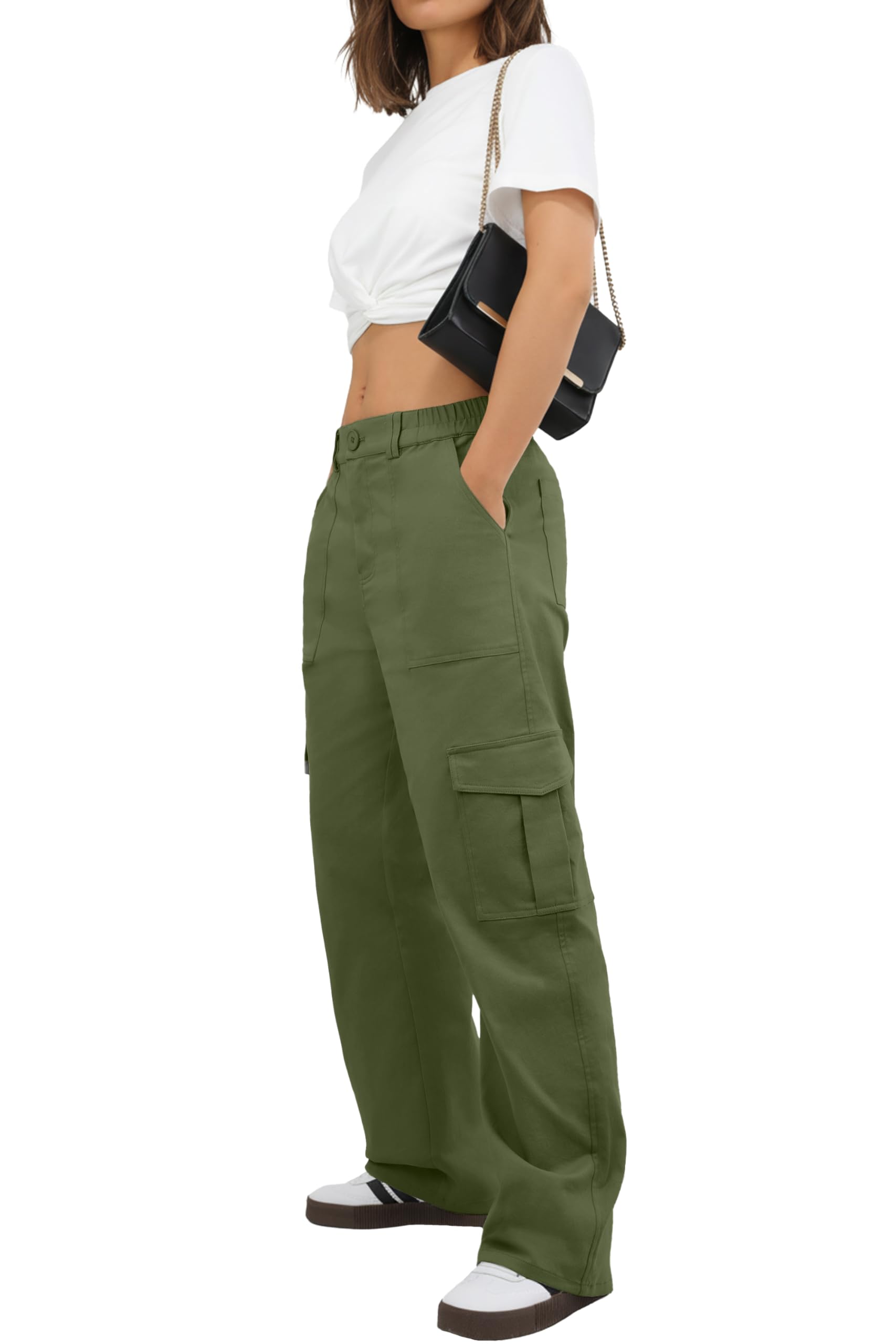 HiMONE Petite Womens Cargo Pants Baggy Y2K Jeans High Waisted Casual Stretchy Wide Leg Streetwear with 6 Pockets