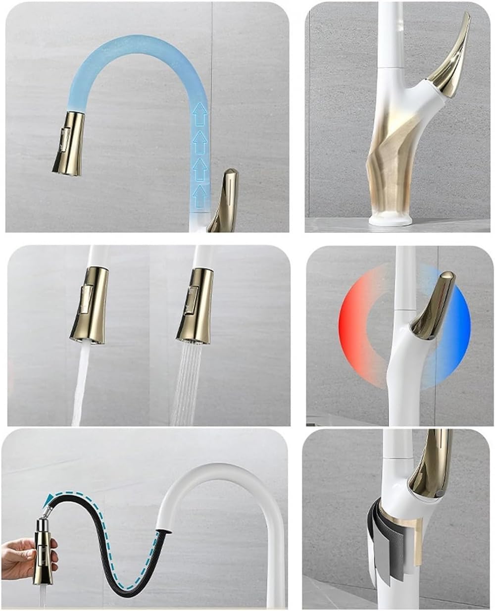 Full Copper Pull-Out Kitchen Color Matching Kitchen Sink Hot Cold 360° Rotation Faucet for Home RV Hotel-Silver，Silver