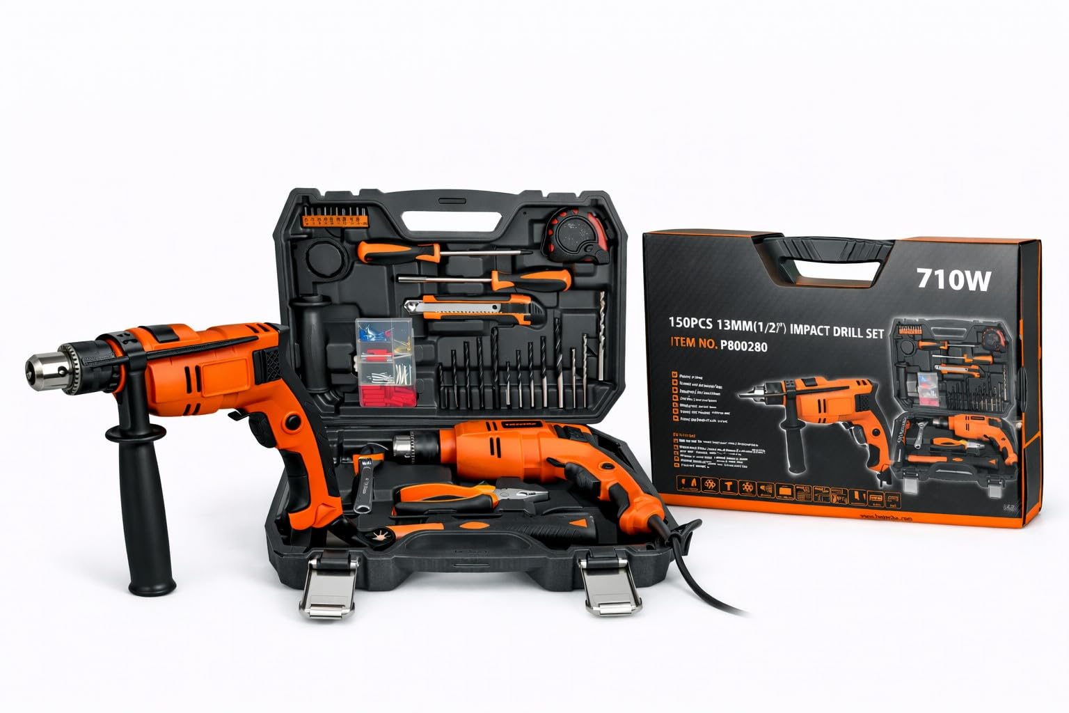 Trapano Avvitatore a Percussione 710W Trapano Elettrico Mandrino 13mm Velocità Variabile 0-3000 RPM per Legno Metallo Muratura con 150 Accessori in Valigetta