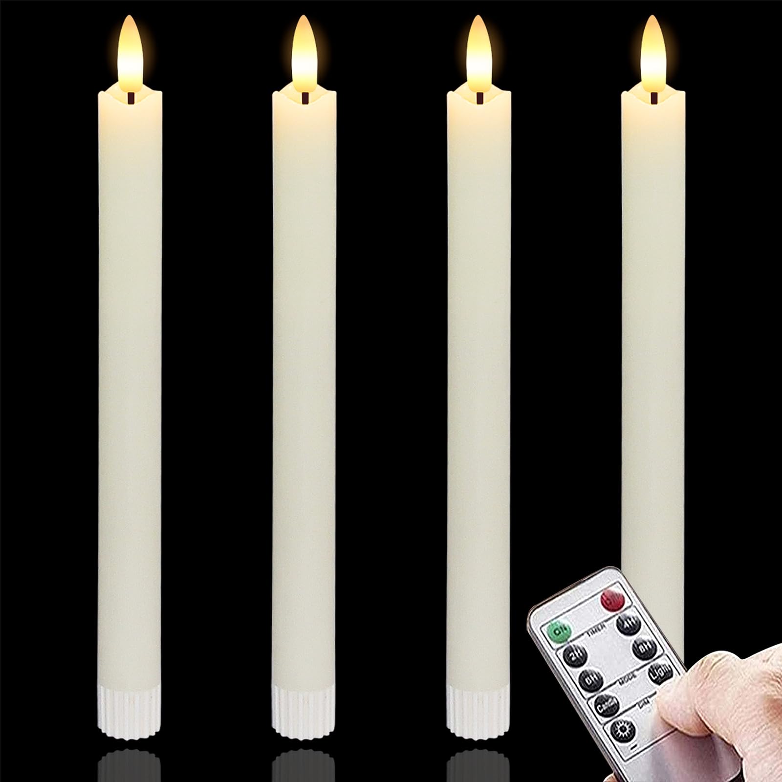 Vtobay Velas LED de Cera Real sin Llama 2cm x25cm con Mando a Distancia y Función Temporizador, Funciona con Pilas Parpadeo Marfil Pack de 4 Velas