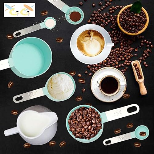 Miniatura 7 de Juego de 8 tazas medidoras y cucharas medidoras, mango de acero inoxidable, tazas de color nórdico, incluye 2 ganchos para herramientas de cocina