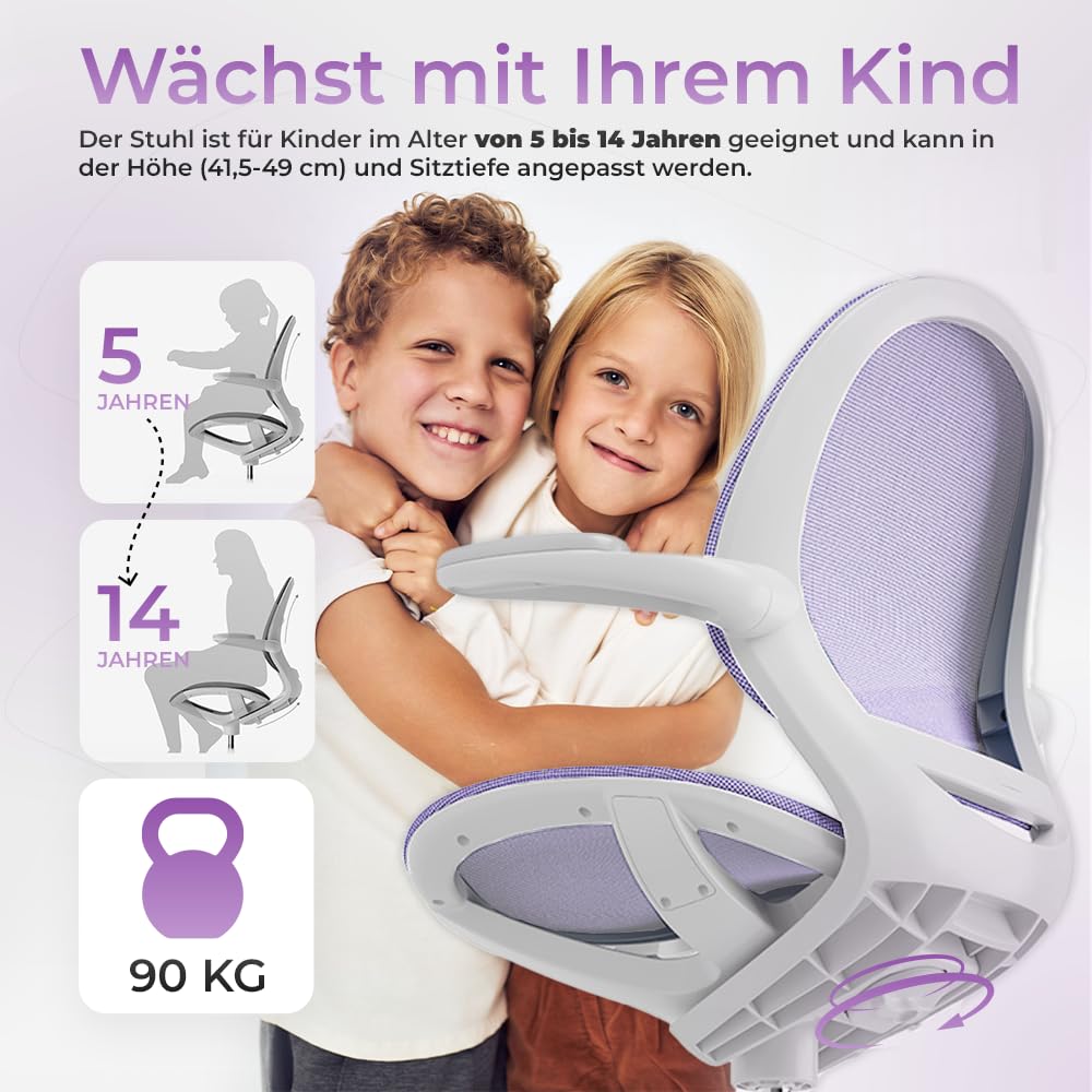 Spacetronik Schreibtischstuhl Kinder - Bürostuhl Kinder mit Fußstütze und Verstellbaren Armlehnen - Ergonomischer Kinderschreibtischstuhl 5-14 Jahre alt - 82,5-90 cm Höhenverstellbarer