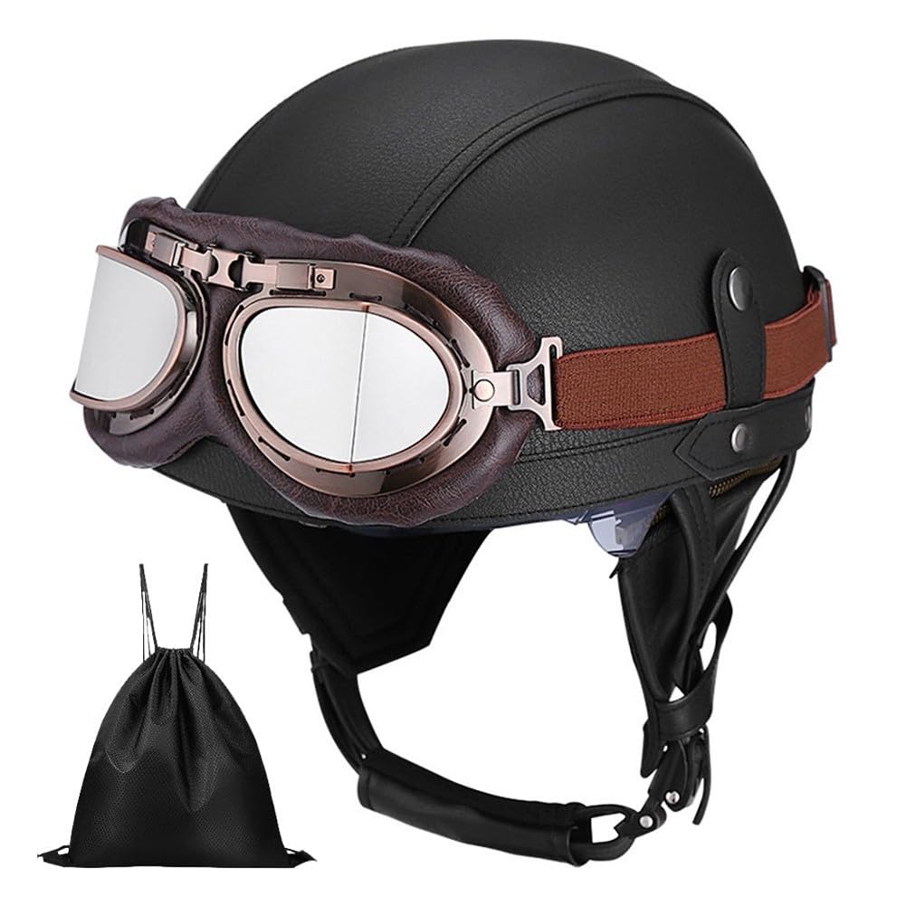 Casque de Moto Vintage Cuir Retro Casque Jet Casques Bols Demi Casque de Mobylette Cuir avec Lunettes Homologué ECE Casque Scooter pour Adultes Homme et Femme avec Sac de Rangement