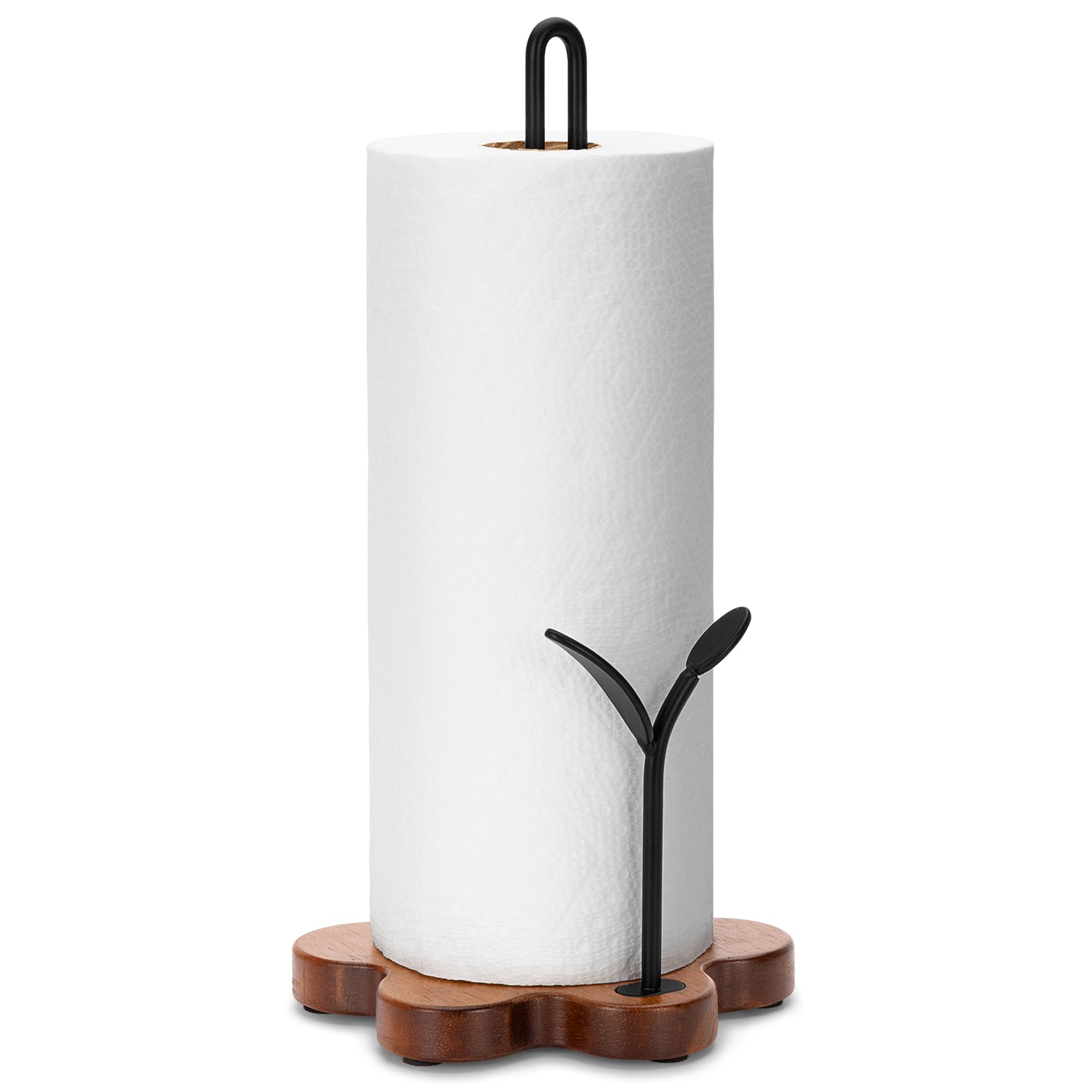 SUNNEKO Wood Paper Towel Holder, Black Kitchen Roll Holder Free Standing, Easy Tear Rustic Kitchen Tissue Holder for Dining Table (Leaf B)