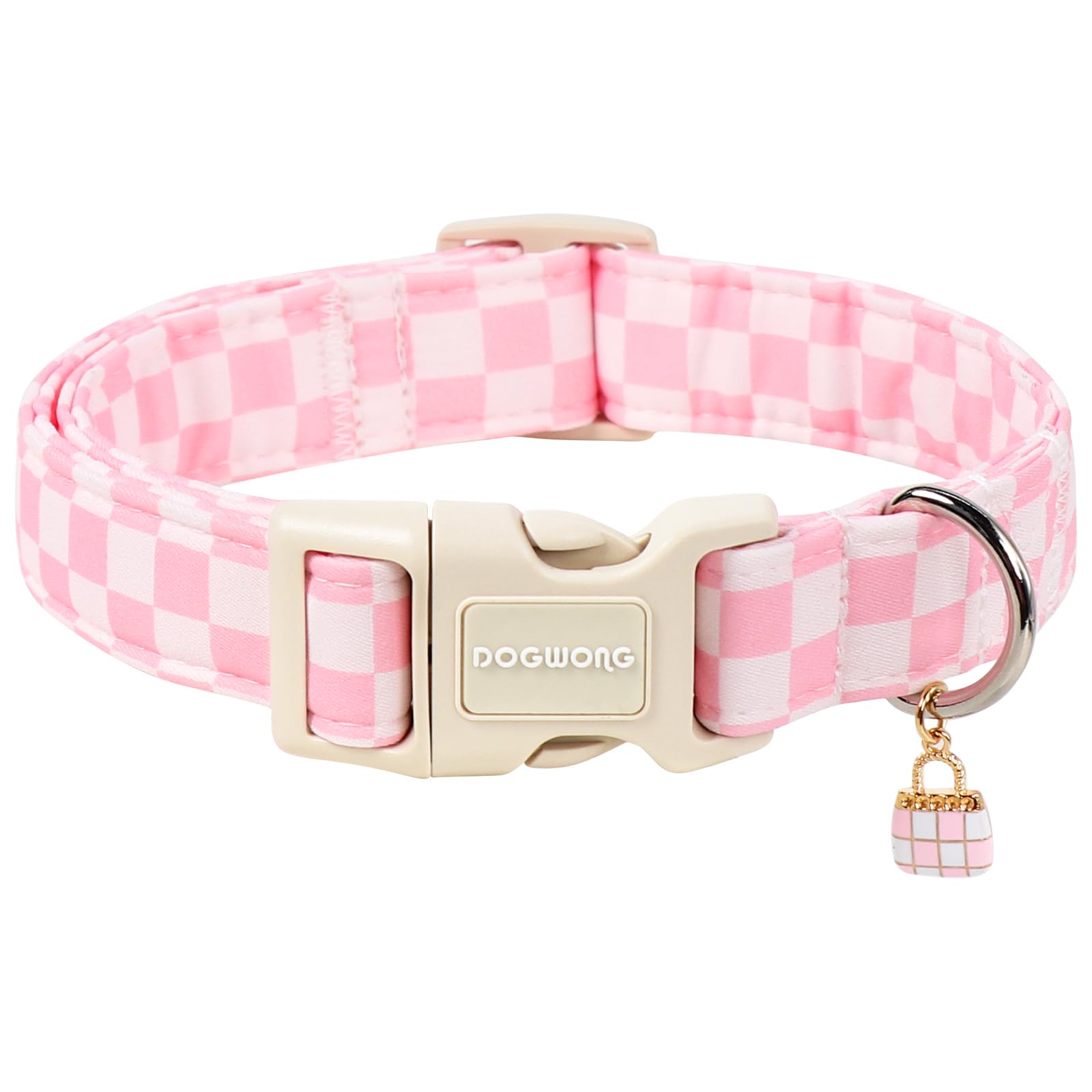 DOGWONG Girl Dog Collar for Medium Dogs, Pink Checked Dog Collars, Pink Checked Dogs Collars for Small Medium Dogs, Neck 14-21 inches
