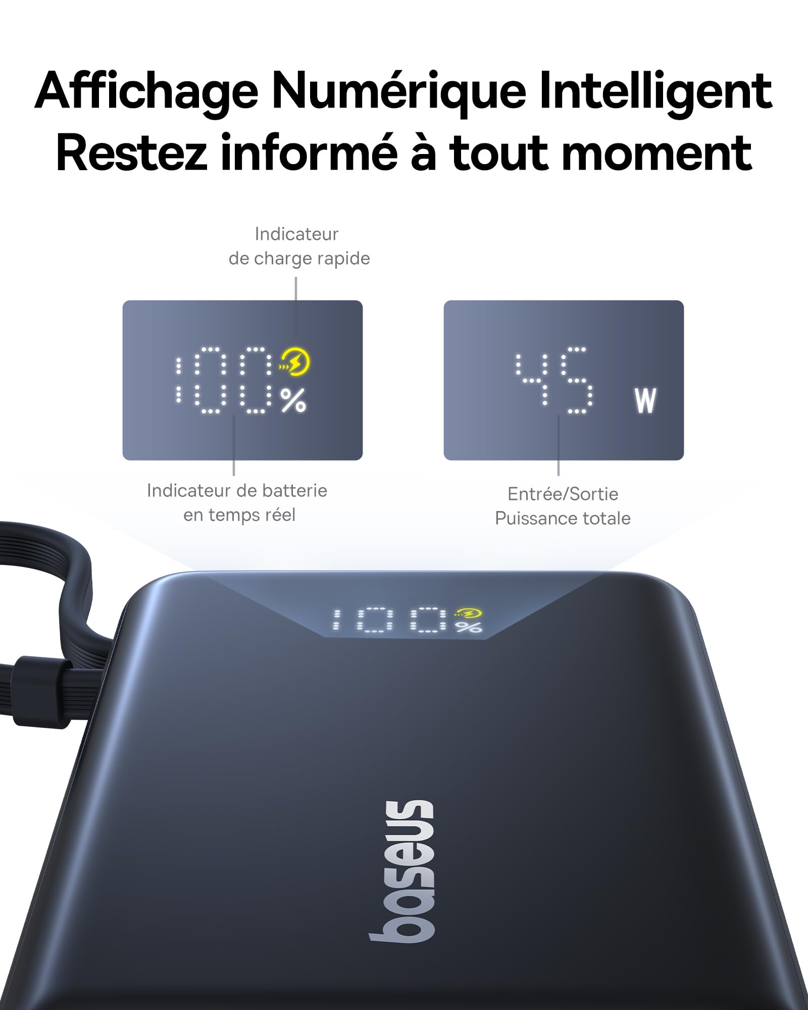 Baseus Picogo Power Bank 10000mAh 45W con Cavo USB-C Integrato, PD 3.0 QC 4+ Batterie Esterne 45 W, 2 USB-C e 1 USB-A, per iPhone 16 15 14 pro max plus, MacBook, ipad, Galaxy S24 Ultra, airpods pro