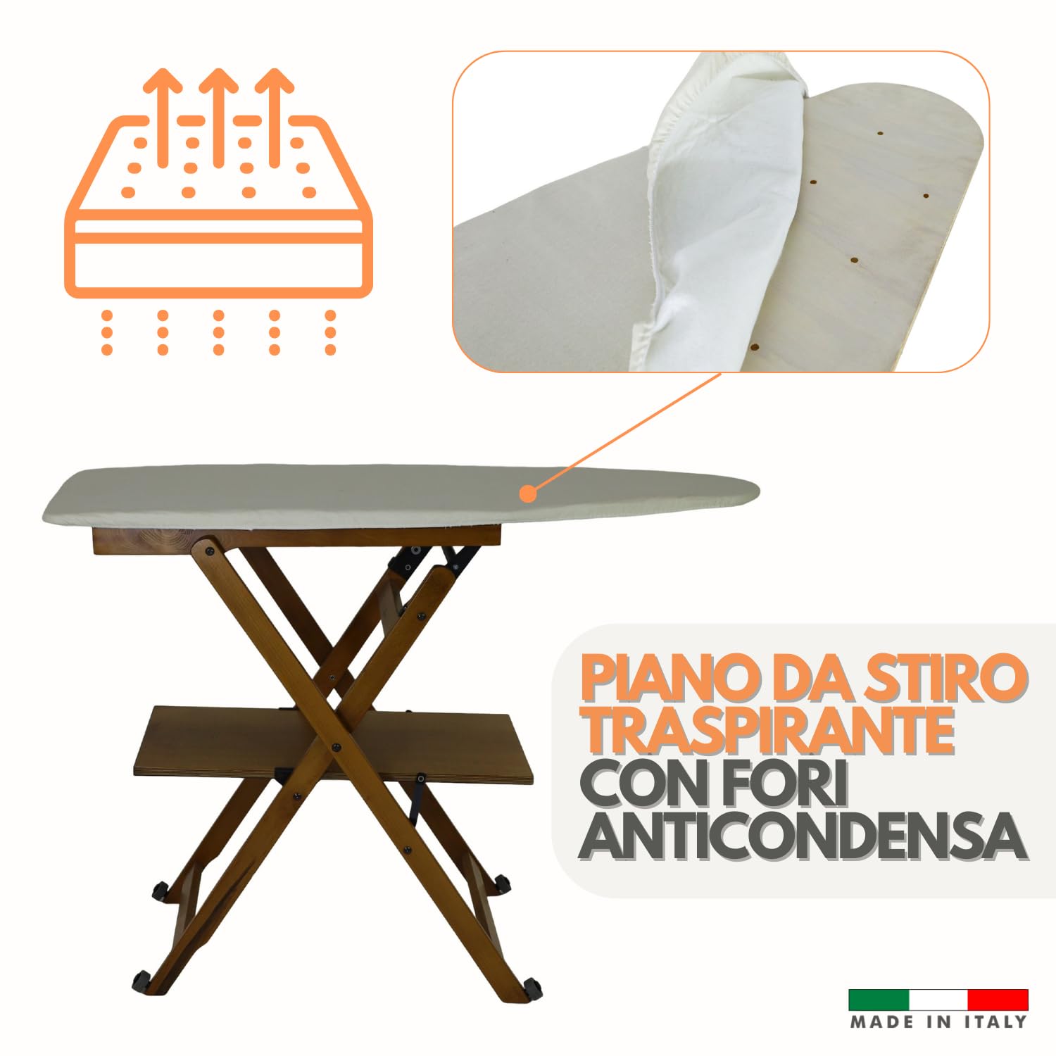 Marvin Asse da Stiro in Legno di Faggio Lara Richiudibile con Ruote e Ripiano Porta Biancheria Robusto Pieghevole Salvaspazio Made in italy (Noce)