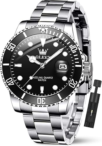 OLEVS Watch Men Black Mens Watch Silver Luxury Watches for Men Classic Dress Waterproof Analog Quartz Men's Wrist Watches Fashion Stainless Steel Dress Date Big Face Relojes para Hombre