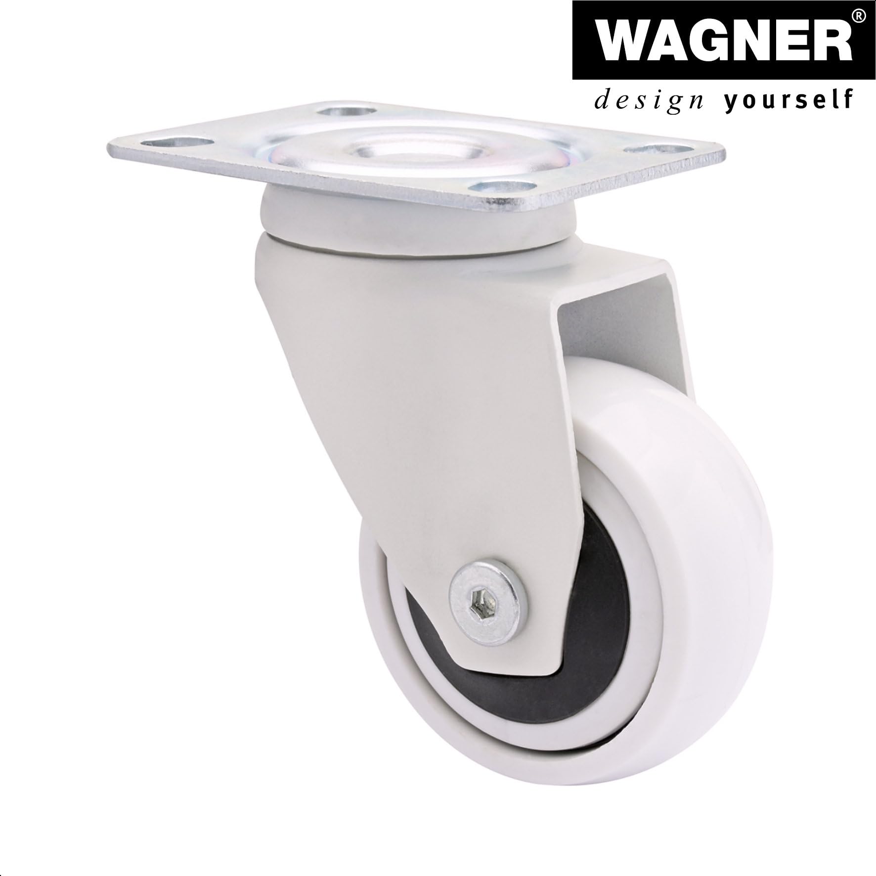 Wagner Design — 3C — kółka skrętne/rolki do aparatów/kółka meblowe 4-częściowy zestaw — biały, miękka powierzchnia, średnica 50 mm, 2 rolki bez i 2 z blokadą, łożyska kulkowe, nośność 50 kg /