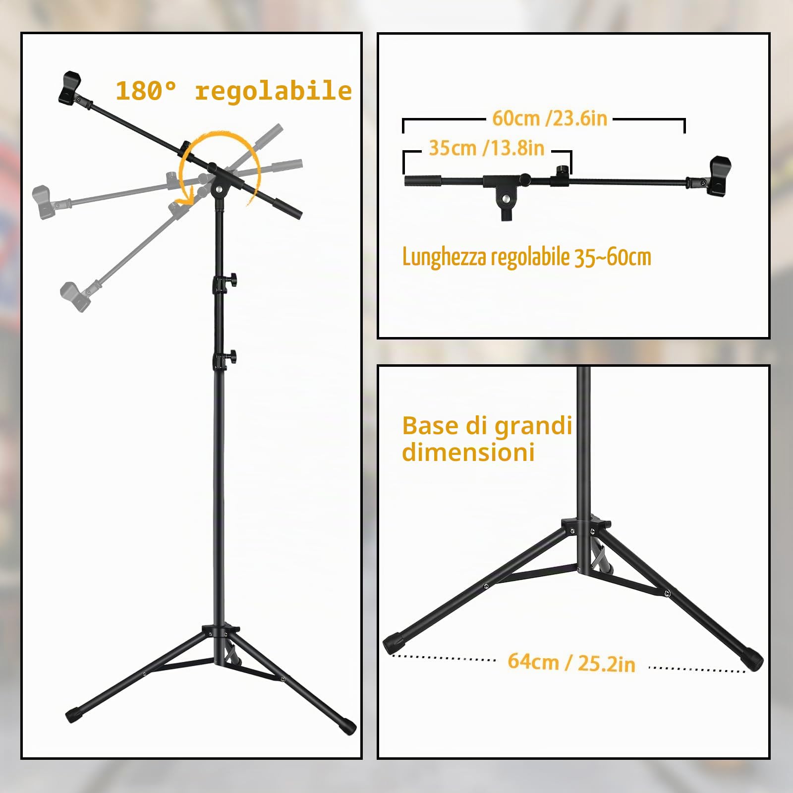 Asta Microfono da Terra a Treppiede con Braccio a Giraffa per Blue Yeti Samson Q2U Fifine K6 AM8, Asta per microfono con Borsa, Adattatore 5/8", 2 Clip e Fascette