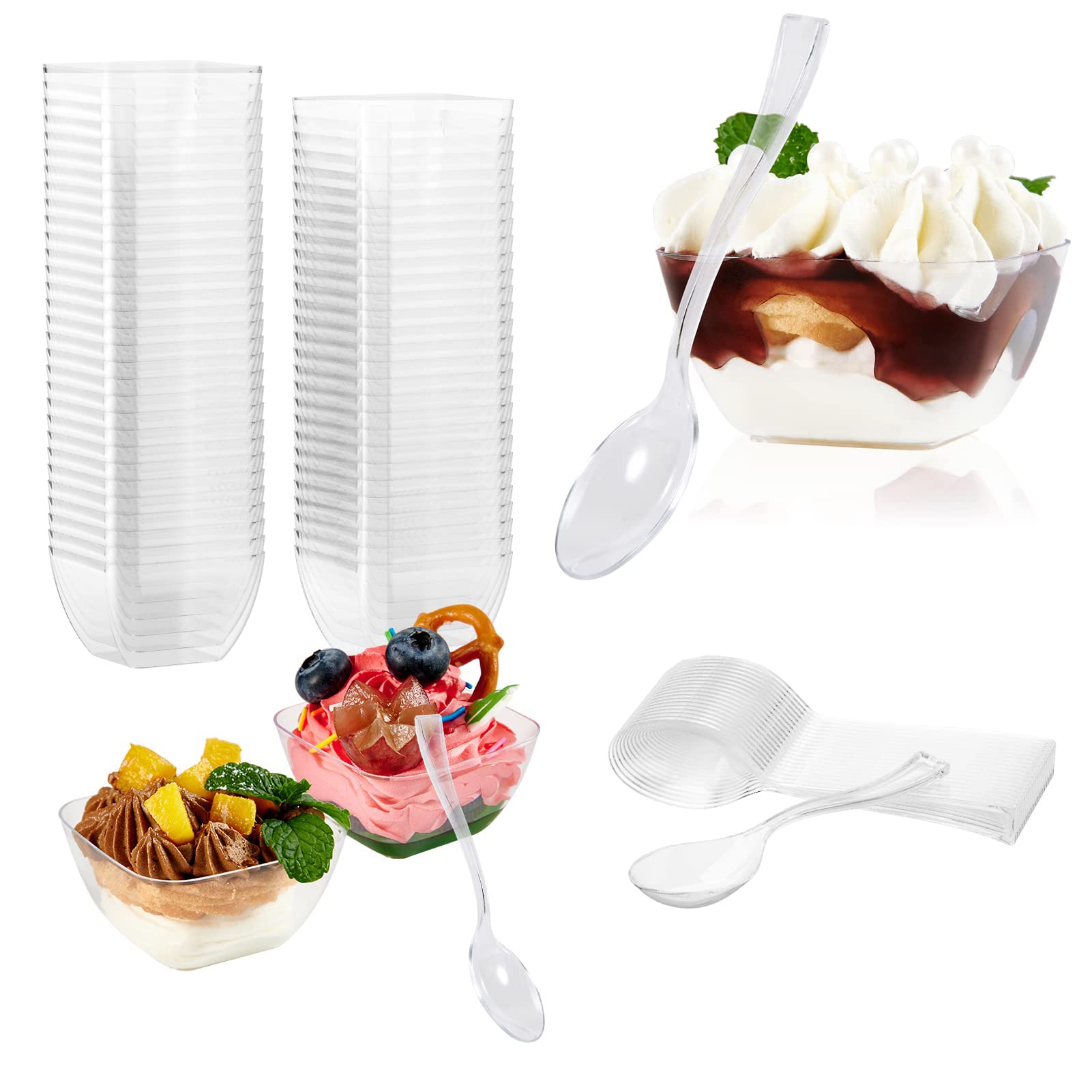 Sweet seven 30 Pack Clear Plastic Mini Dessert Cups with Spoons Perfect for Parties Weddings and Restaurants Reusable Pudding Appetizer Serving Bowls for Halloween and More