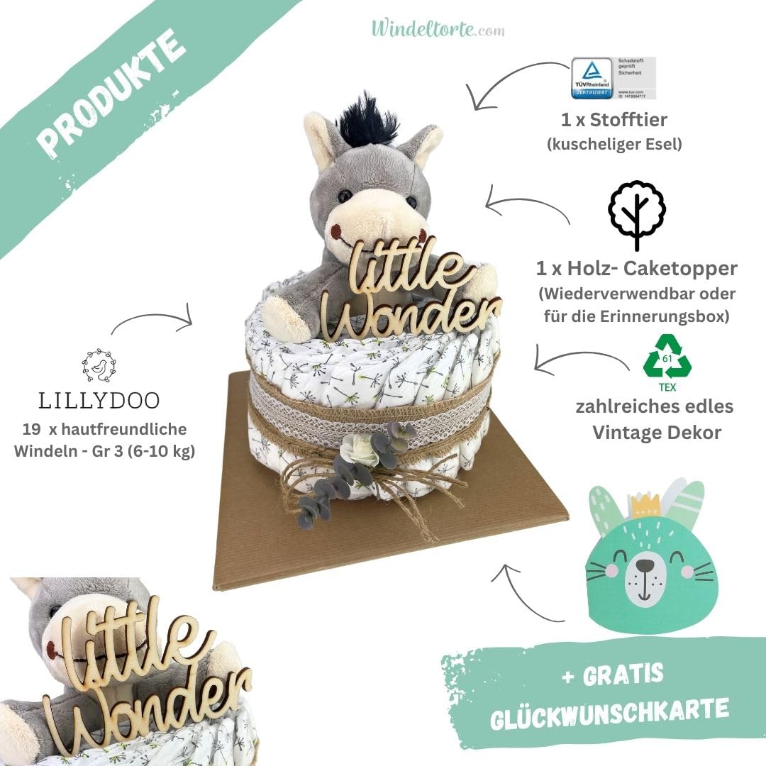 Vintage Torte [JUTE & HOLZ] - Jungen & Mädchen - Neutral Unisex - Geschenk zur Geburt - Baby Party - Babyshower - Pullerparty - Caketopper (Boho - Vintage - LITTLE WONDER - 1-stöckig)