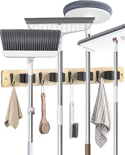 Broom Holder Wall Mounted, Light Wood 4 Holders and 4 Hooks Mop Holder, Wooden Mop and Broom Holder with Anti slip rubber, Natural pine wood Brush Holder, Mop Wall Holde with Nail installation