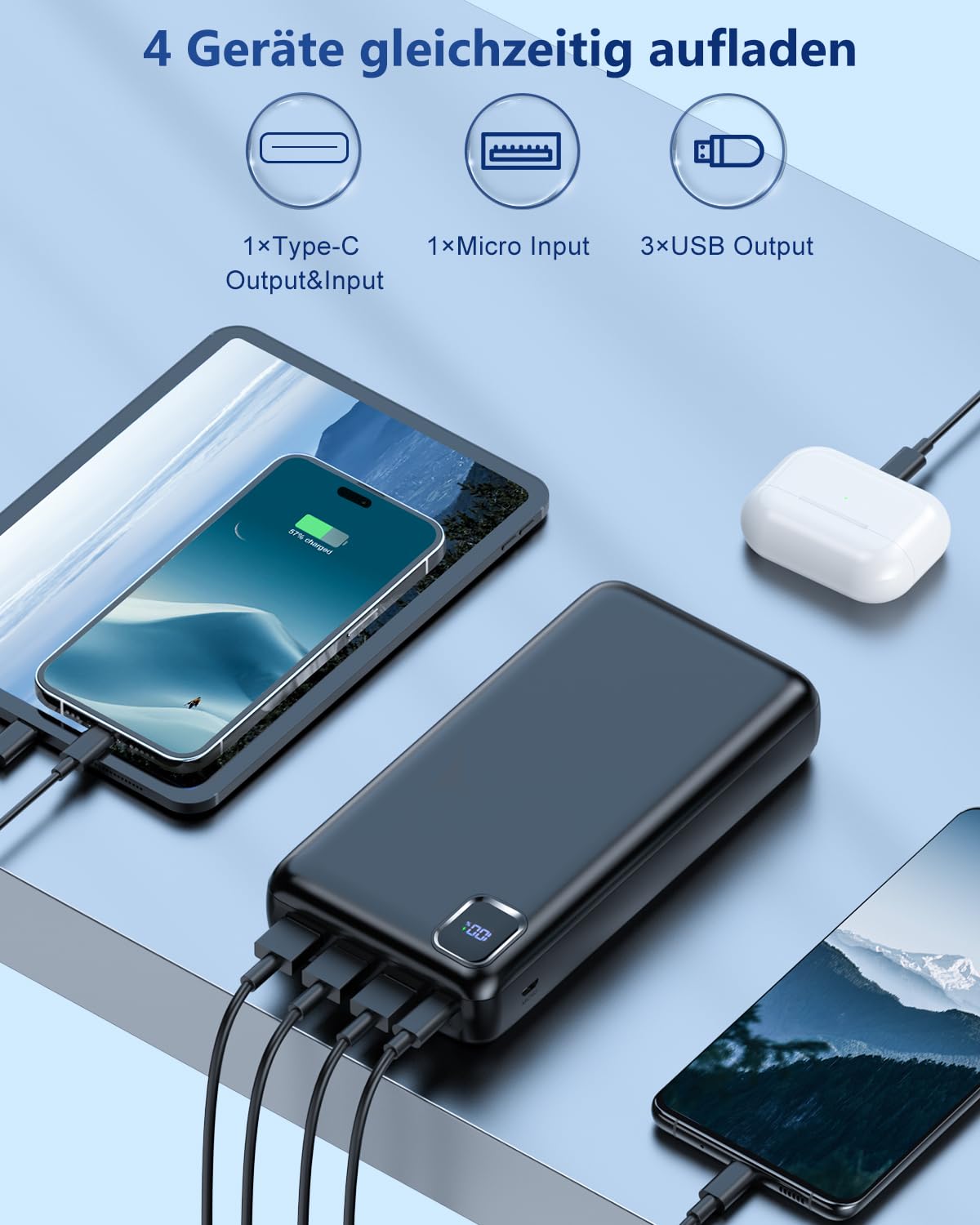 DRMARE Power Bank - Power Bank 50000 mAh con PD 20 W & QC 4.0 ricarica rapida, 4 uscite + 2 ingressi, display LED, caricatore portatile per iPhone 15/14/13 Pro ecc.