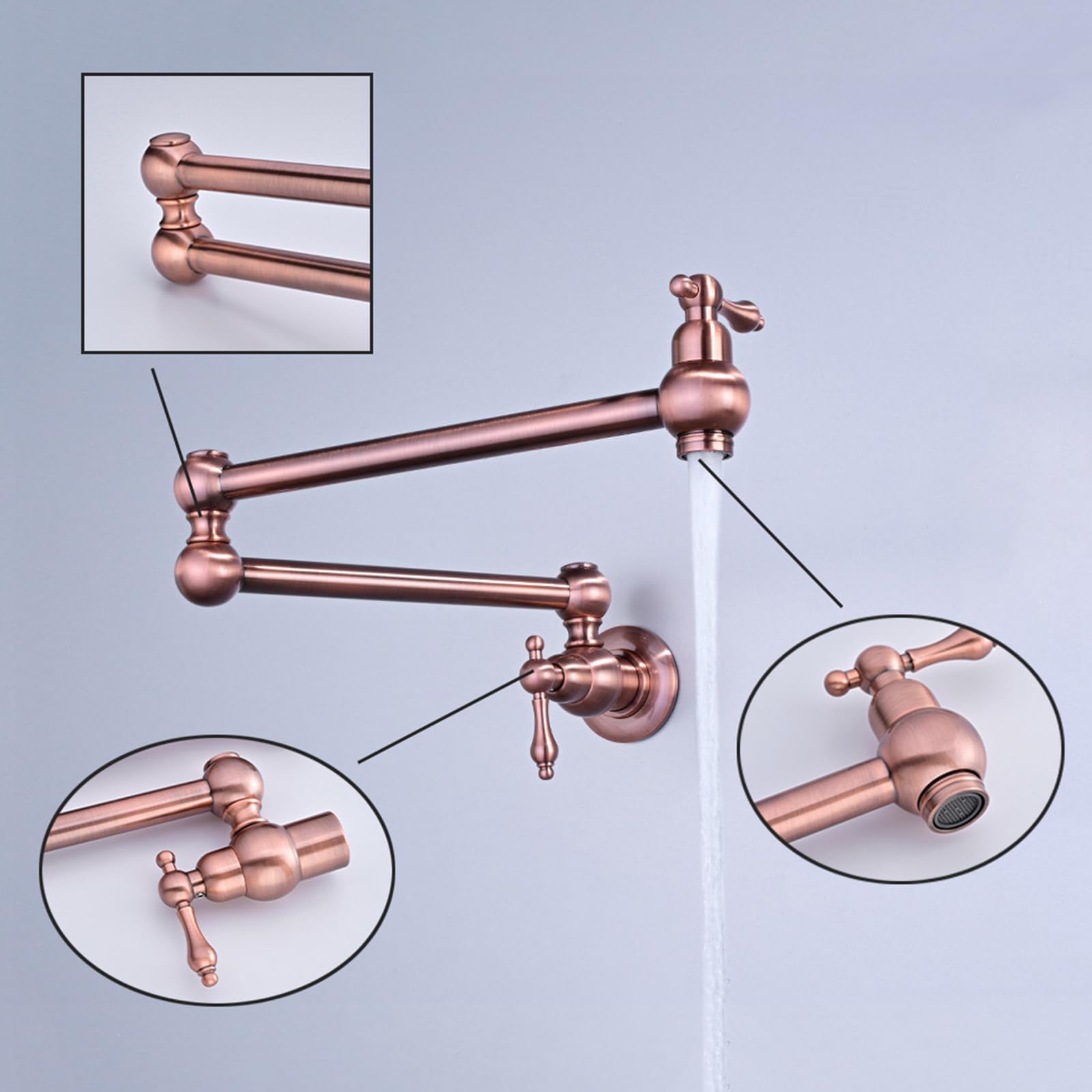 Küchenarmatur Wandmontage Kaltwasser Faltbar mit Doppelgelenk-Schwenkarm Topffüller Wasserhahn Zweigriffarmatur, Rotbronze