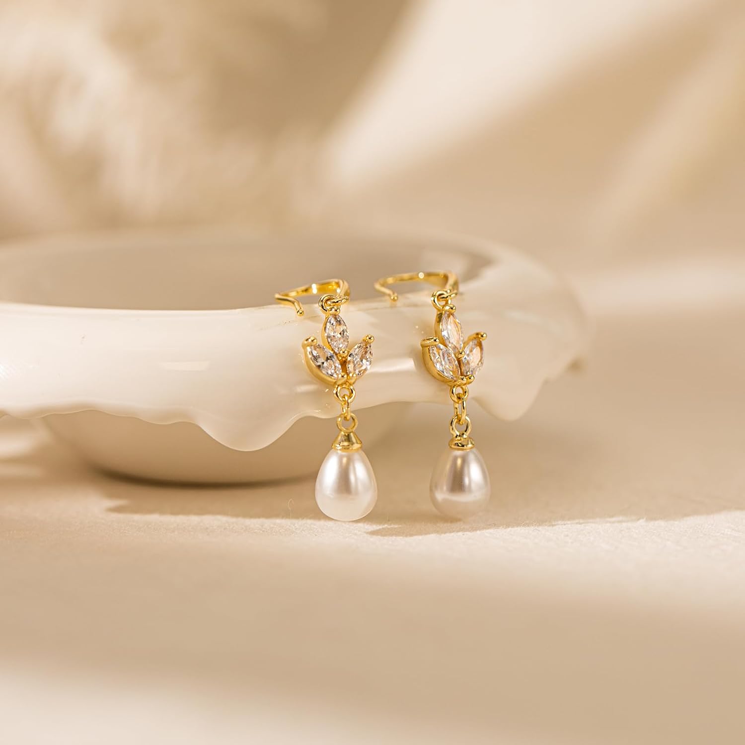 Pearl Earrings-14K Gold Plated Dainty Pearl Drop Simple Wedding CZ Dangle Dangling Cute Stud Earrings for Brides Earrings for Women Gifts - Image 5
