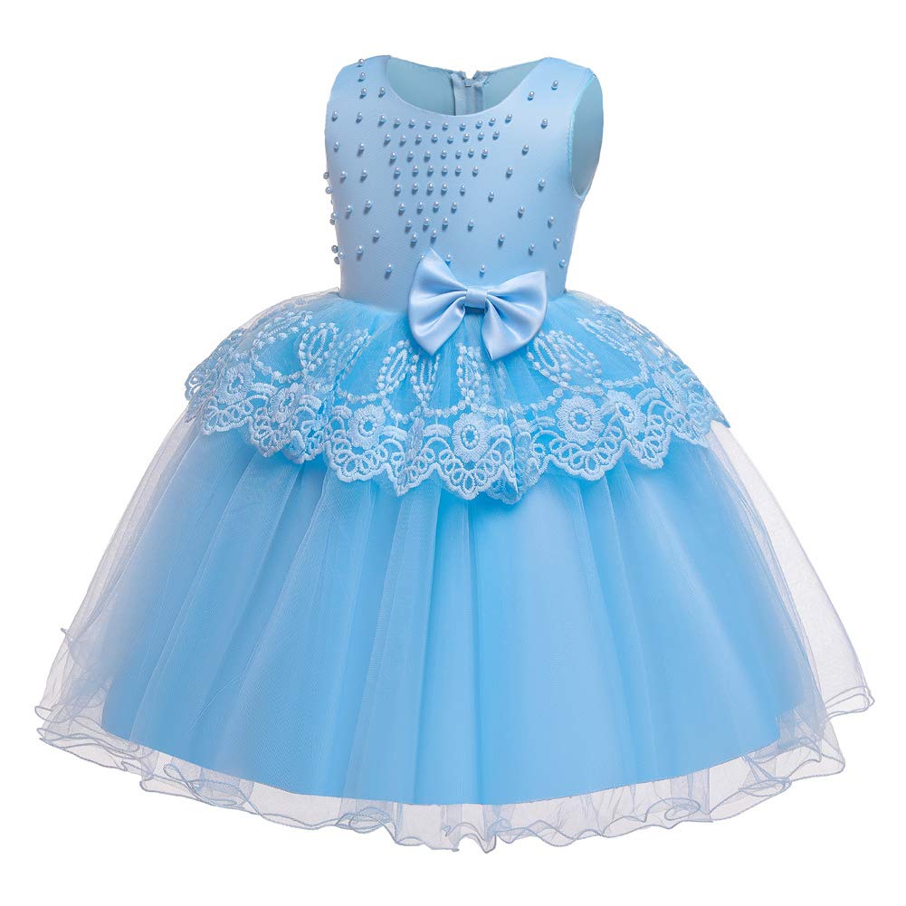 WAWALI Baby Girls Flower Dresses Christening Gowns Newborn Babies Baptism Clothes Princess Tutu Birthday Beaded Bow Dress 3 Blue