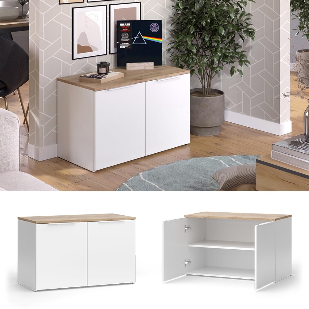 Vicco Credenza Wido, Bianco/Sonoma, 80 x 50 cm con 2 porte, adatto per riporre abiti e oggetti per la casa
