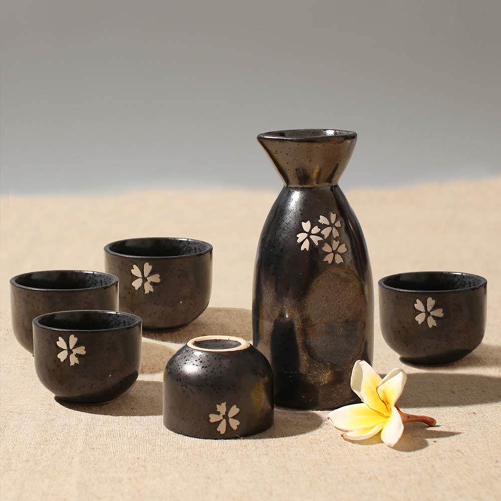 MRKU Service à saké 5 pièces, Ensemble de Tasses à saké japonaises, Tasses en céramique au Design Noir peintes à la Main Traditionnelles, Texture pittoresque, pour thé Shochu Chaud et Froid, Meilleur
