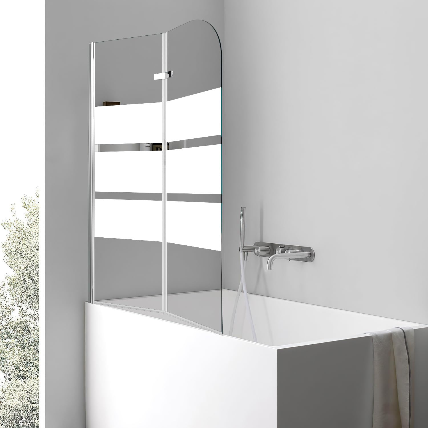 Mampara para bañera plegable de 100 x 140 cm, 2 piezas, de cristal templado de seguridad de 6 mm con rayas blancas, nano-revestimiento, antisalpicaduras, color plateado