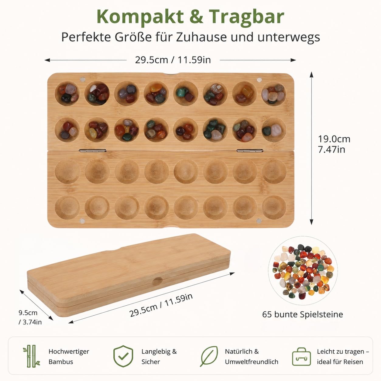 POPETPOP Mancala Steinchenspiel Holz mit Steinen, Kalaha Spiel | Faltbares Bambusbrett, 65 bunte , Logikspiel für 2 Spieler, ideal für Reisen, fördert strategisches Denken