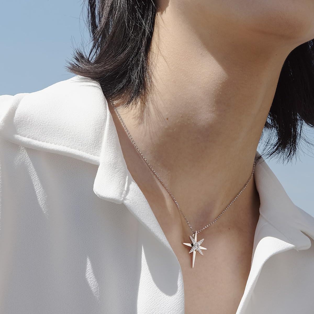 MISS MIMI North Star Pendant Necklace for Women,Cubic Zirconia CZ Eight Point Star Design,925 Sterling Silver Adjustable 16" to 18" Chain,Dainty Layering Jewelry Gift - Image 5