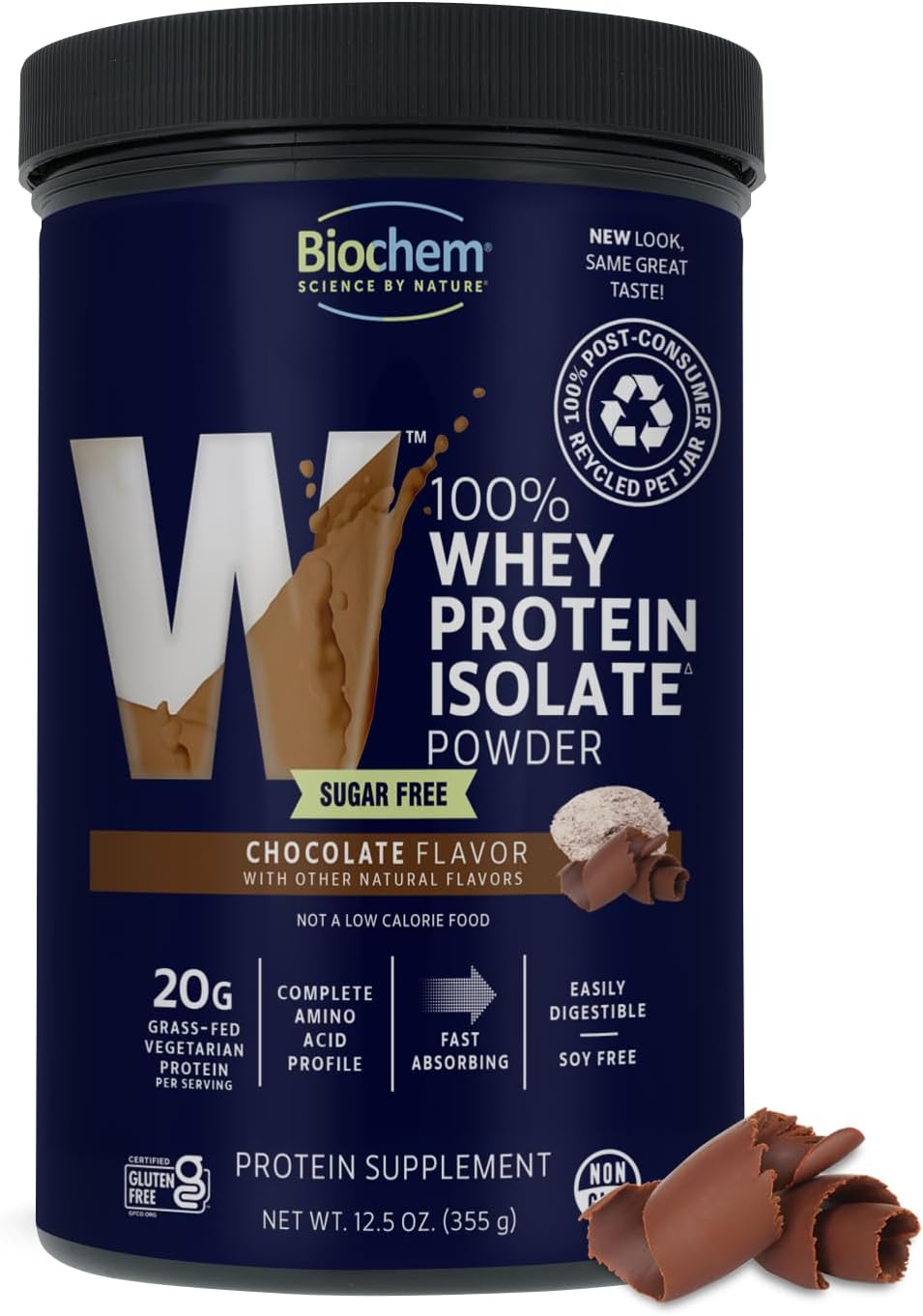 Biochem 100% Whey Sugar-Free Chocolate 20g, 12.5oz, Certified Vegetarian, Gluten Free, Non-GMO Tested, Keto Friendly, Grass-Fed