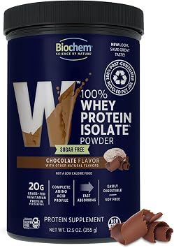 Biochem 100% Whey Sugar-Free Chocolate 20g, 12.5oz, Certified Vegetarian, Gluten Free, Non-GMO Tested, Keto Friendly, Grass-Fed