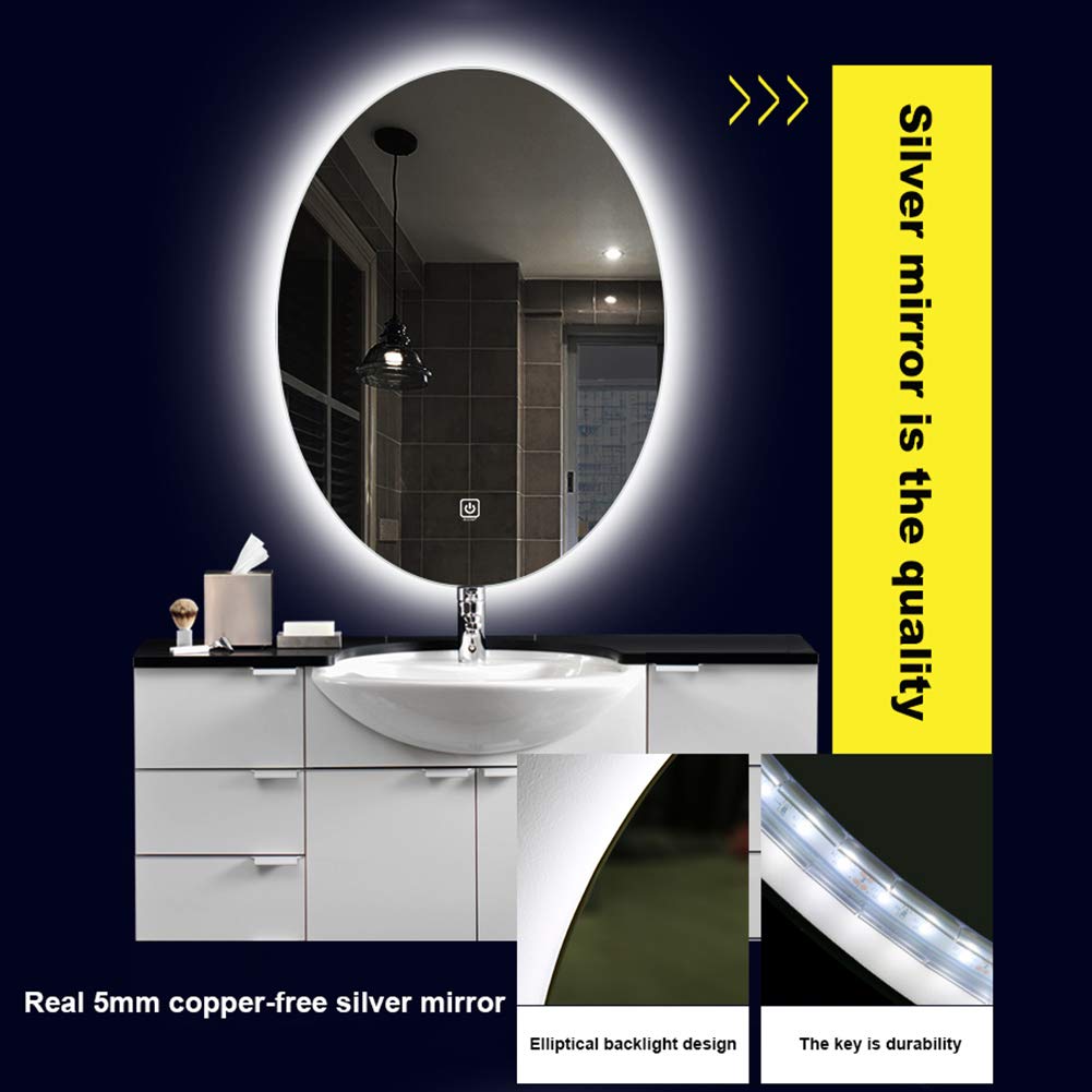 Specchio Espejo de baño de pared con iluminación LED, antideflagrante, ovalado, sin Marco, con botón táctil (Luz Blanca/cálida, atenuación rápida)