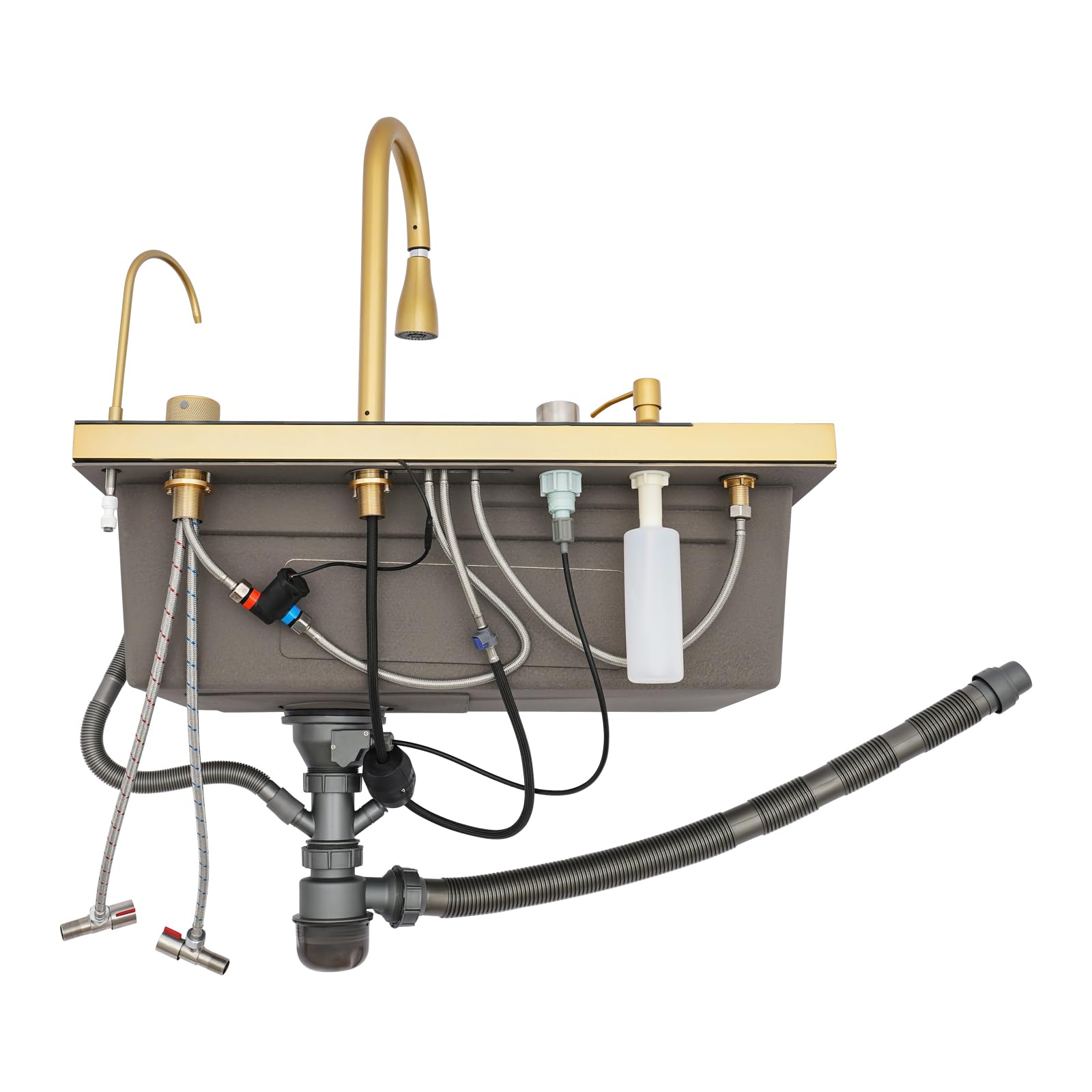 Évier de cuisine multifonction cascade robinet amovible plusieurs variantes de bec avec nettoyant pour tasses et distributeur de détergent 75 x 46 x 22 cm Doré